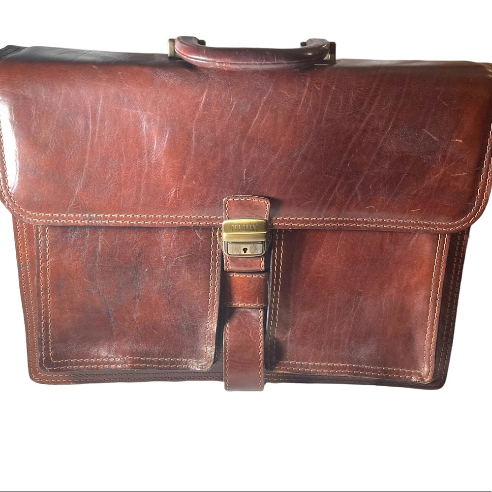 Vintage THE TREND Italian Italy honey Leather briefcase multi pocket distressed - Picture 2 of 11